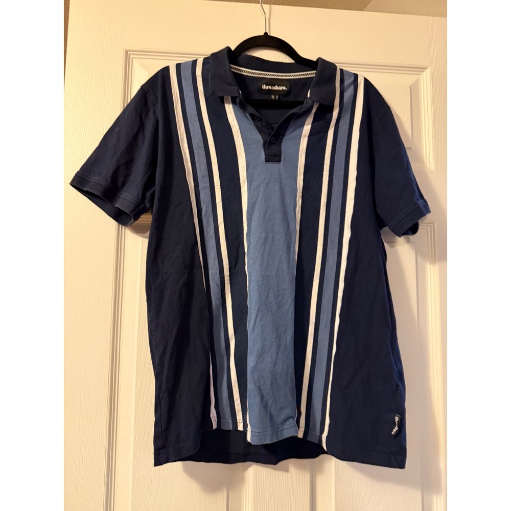 Threadbare Mens XL Polo Shirt Navy Blue Vertical Stripe Short Sleeve Cotton Top
